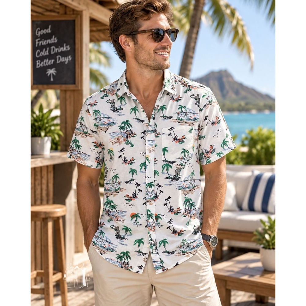 Divided Camp Shirt Mens S White Excellent Tropical Tiger Palm Tree Beach Print